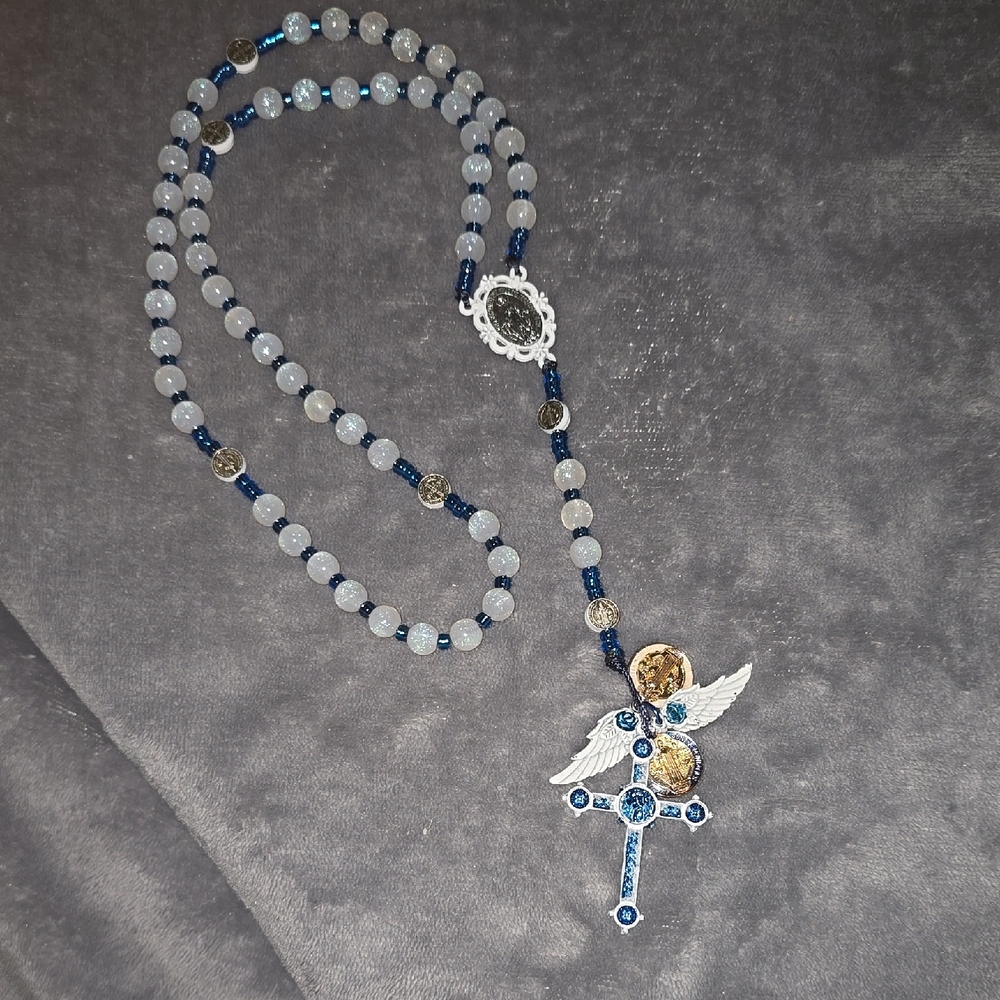 Handmade Angel Wing Blue and Silver Beaded Rosary
